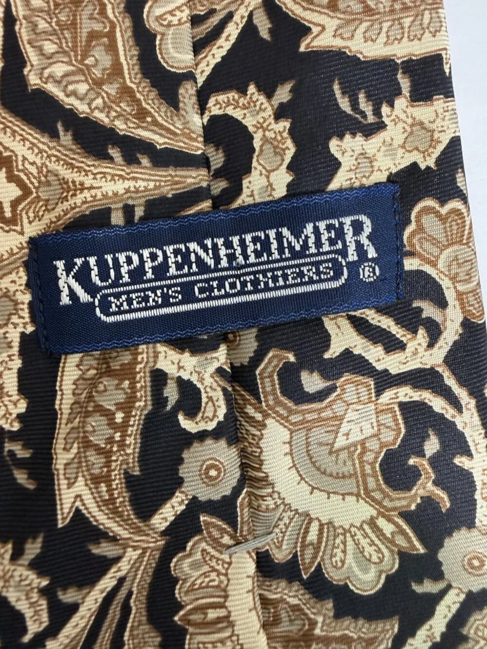 Vintage Kuppenheimer Tie Italian Silk Made USA Paisley Black Gold Tan Baroque